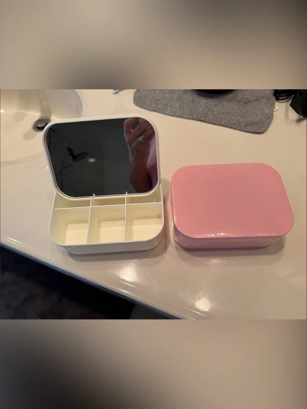 Pink and White Jewelry Box or Makeup Case with Mirror. 2 piece